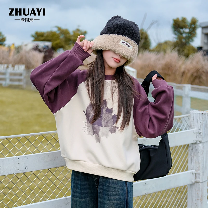 冬款女童加绒卫衣短款拼色女大童加厚保暖上衣宽松时尚套头卫衣