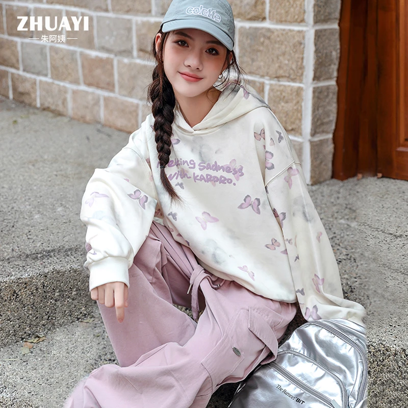 朱阿姨女童卫衣2025春秋新款扎染蝴蝶结连帽长袖女孩秋装套头上衣