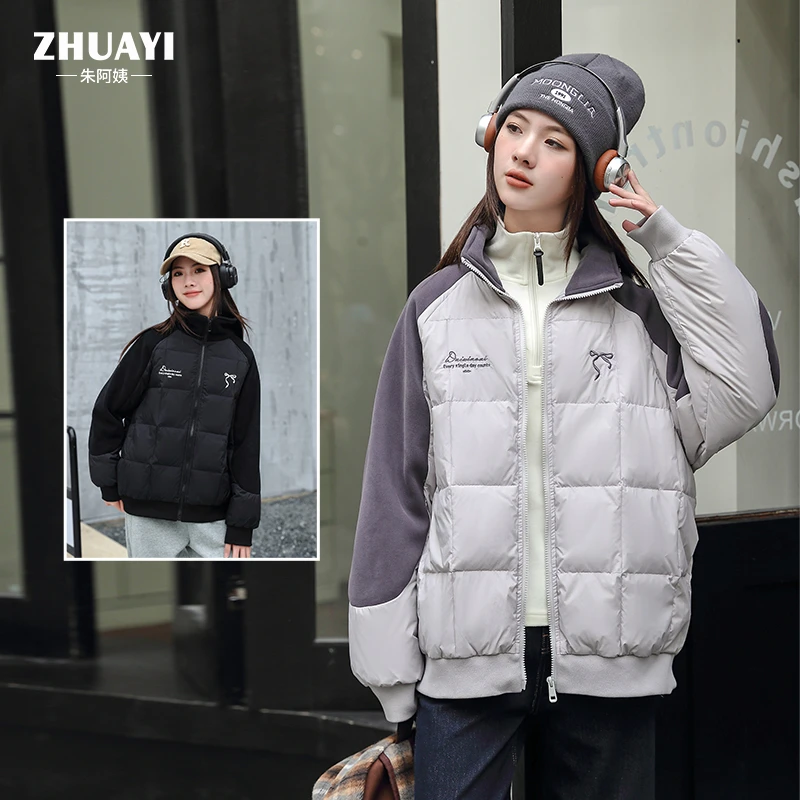 朱阿姨2024冬季女大童羽绒服拼接显瘦保暖外套洋气立领加厚上衣