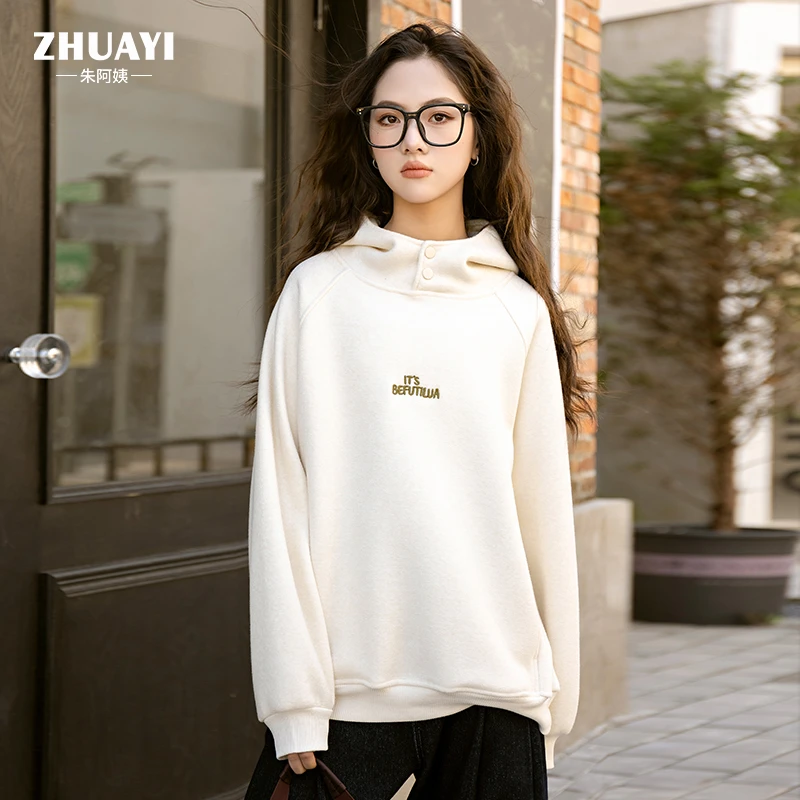 朱阿姨女大童连帽卫衣加绒加厚2024冬款按扣字母上衣保暖洋气长袖