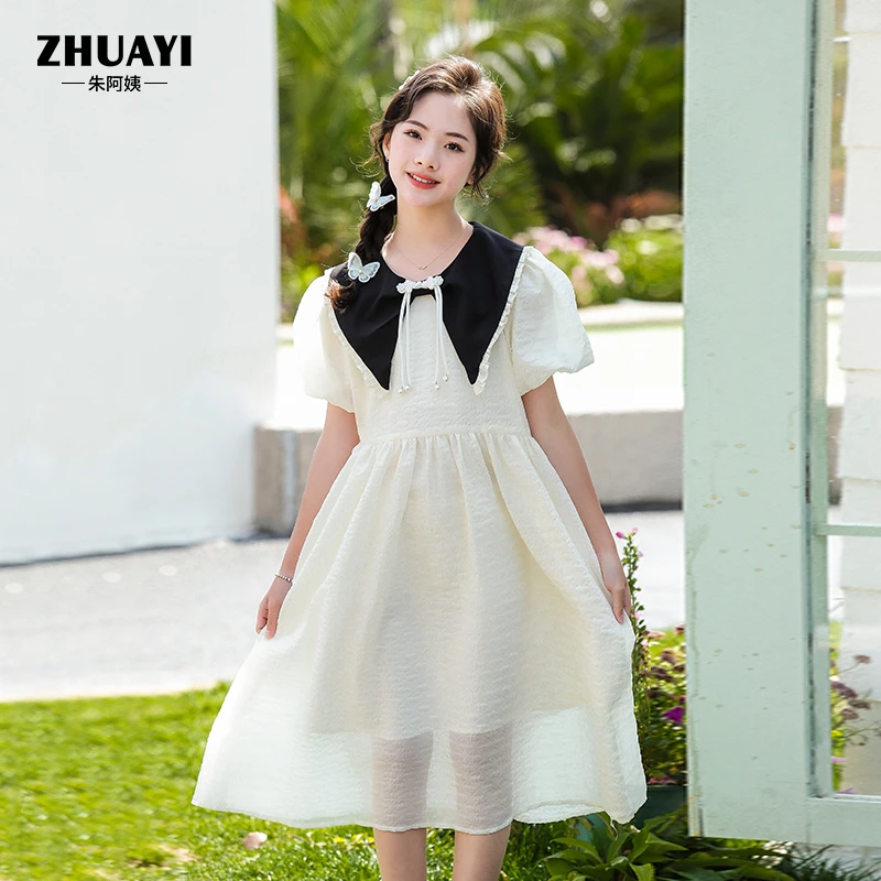 朱阿姨2023夏季女大童连衣裙气质洋气学院风公主裙甜美泡泡袖裙子