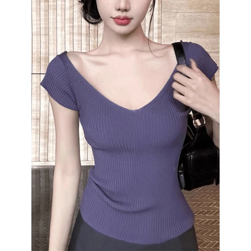 纯欲风v领冰丝针织短袖正肩t恤女夏季辣妹短款掐腰设计感紧身上衣