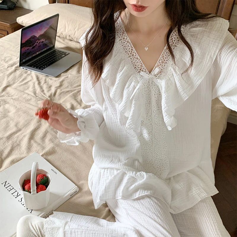 ◎白色公主风睡衣女春秋夏长袖薄棉纱布甜美蕾丝 家居服套装秋冬