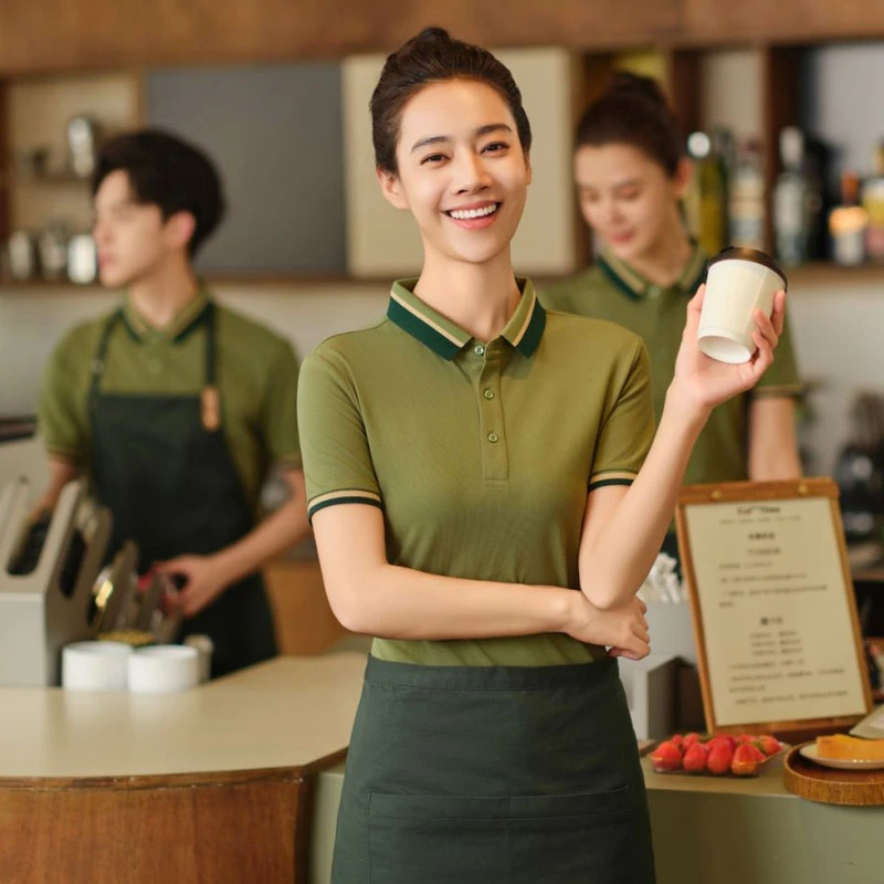 餐厅服务员工作服短袖夏季餐饮饭店员工装制服翻领T恤定制印绣字