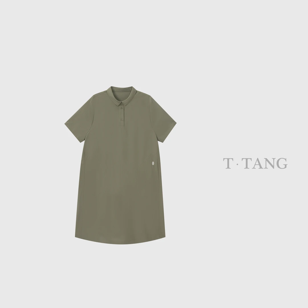 夏季高密棉弹速干面料百搭简约口袋绣O翻领速干衬衫裙【6351】FF