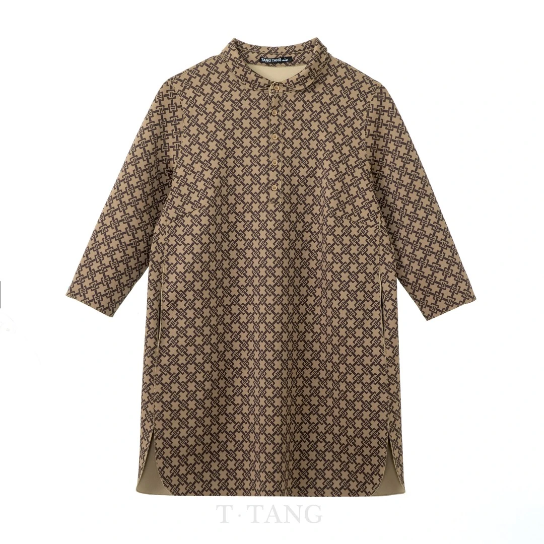 秋季女士舒适复古时尚老花经典中长款修身显瘦中袖连衣裙【2687】