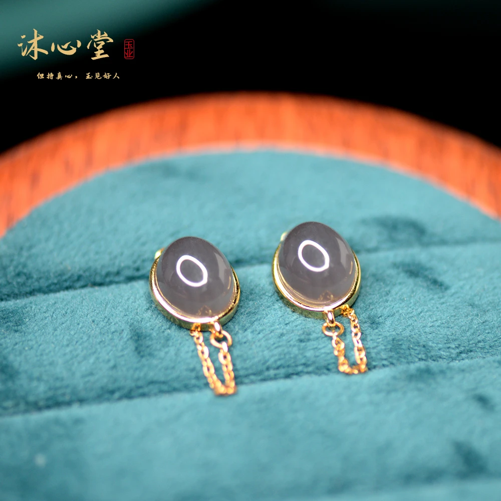 和田玉碧玉帝紫饱满大蛋面耳钉防丢款