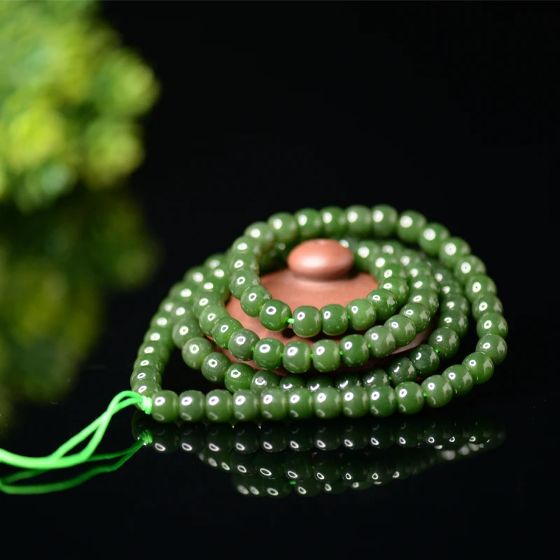 MD055精品7号红皮老料和田碧玉菠菜绿带皮桶珠108颗手链项链7毫米