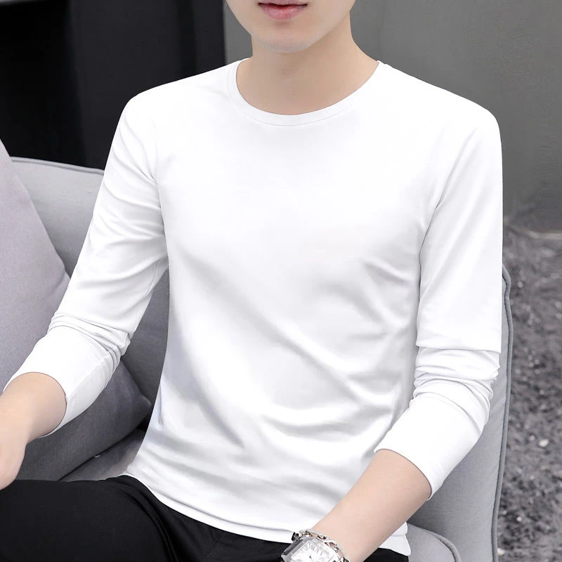 春秋季男士圆领长袖纯色T恤高档秋衣95棉t白色内搭印花春款打底衫