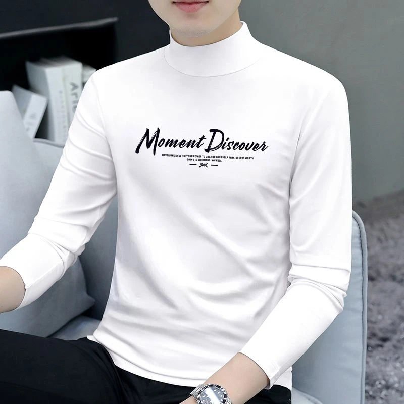 高品质男士半高领修身上衣纯棉秋季中领长袖T恤男秋冬印花打底衫