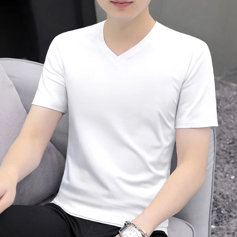 高档纯棉短袖T恤男装V领纯色白色夏季冰丝冰感休闲简约半袖体恤男