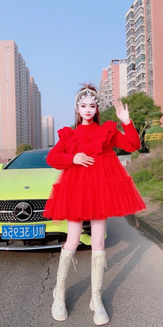 【面条家】新年红洋气针织毛衣纱纱连衣裙