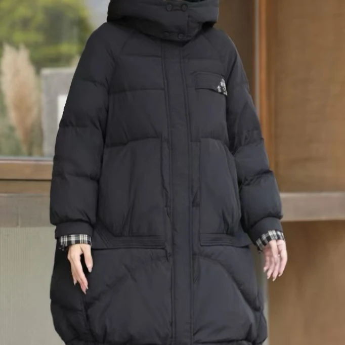 中长款保暖连帽格子秀口棉衣