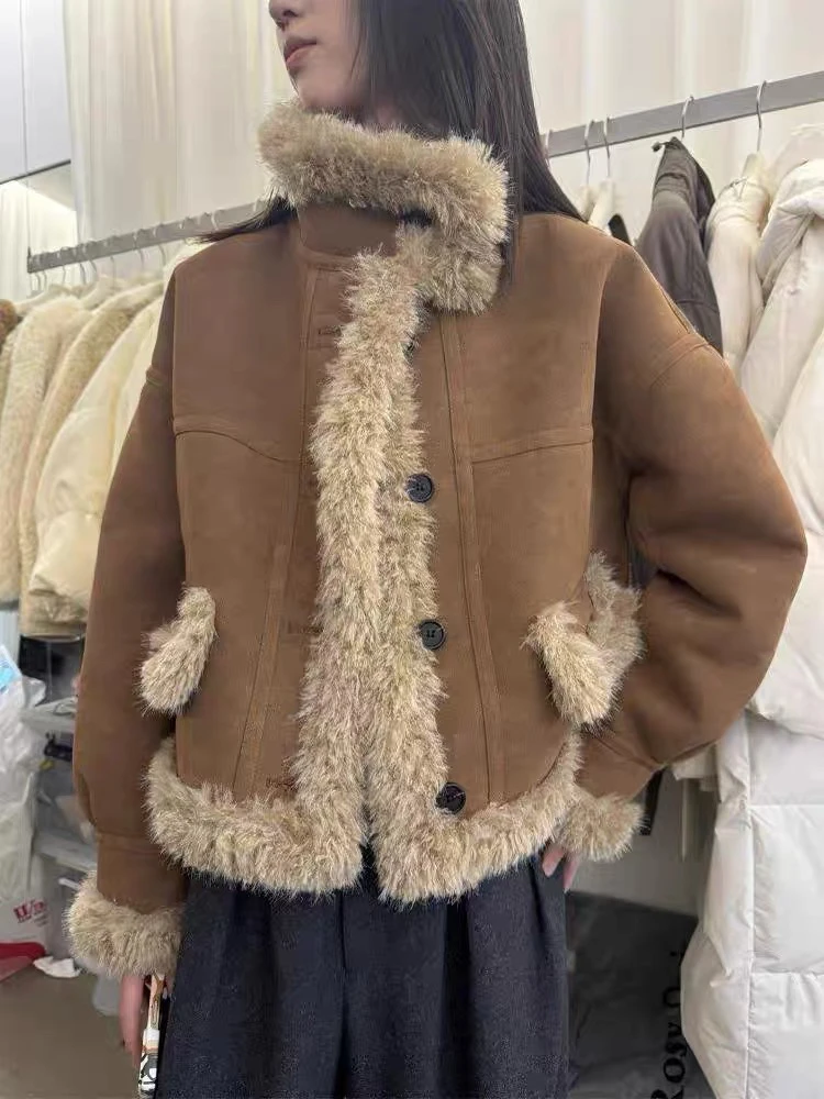 2024冬季咖啡色皮毛一体羊羔毛外套加厚两面穿