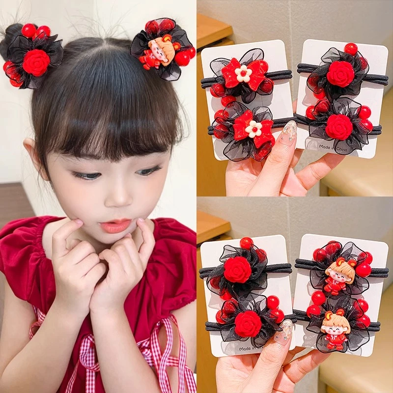 女童红色发绳小女孩网纱发圈儿童高弹力扎头发皮筋不伤发头绳发饰