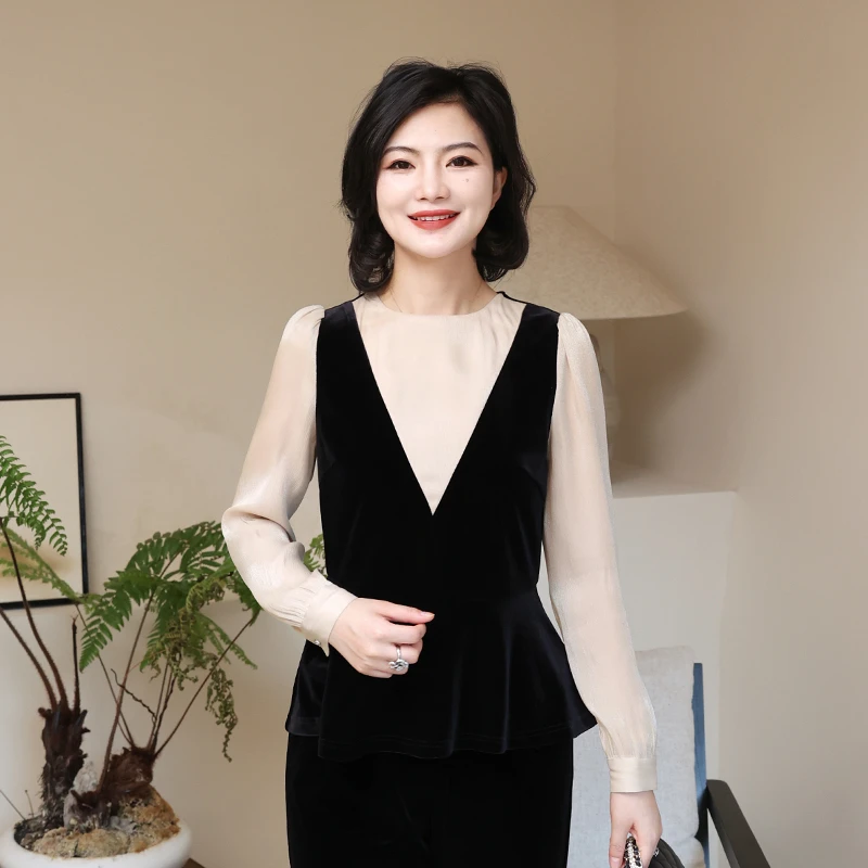 枫竺高端女装阿楠anan 柏林之夜 春秋季丝绒拼接假两件长袖衬衫