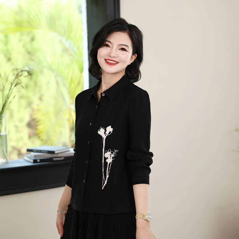 枫竺女装阿楠anan 璀璨人生 优雅气质风翻领纽扣印花长袖衬衫女秋