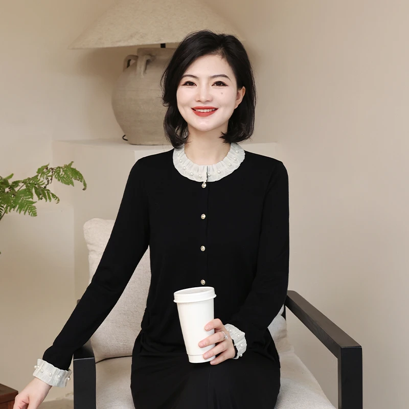 枫竺阿楠anan 庄园茶会 100莱赛尔优雅气质钉珠针织长袖开衫女秋