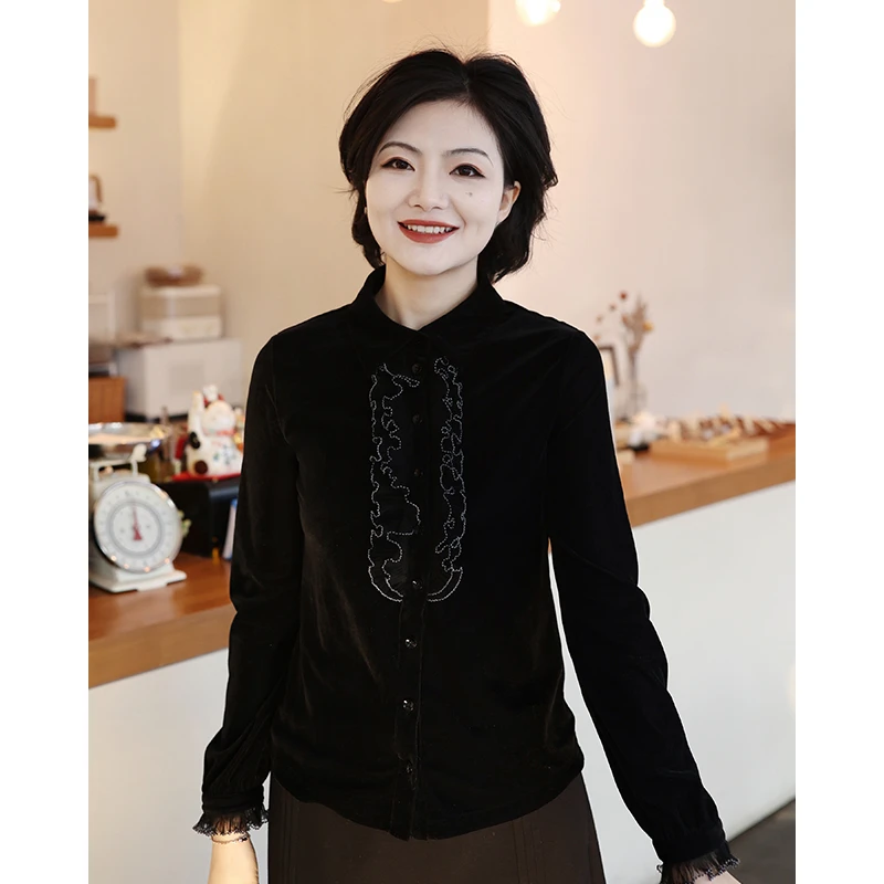 枫竺高端女装阿楠anan 视觉艺术 丝绒设计感衬衫木耳边高端上衣女