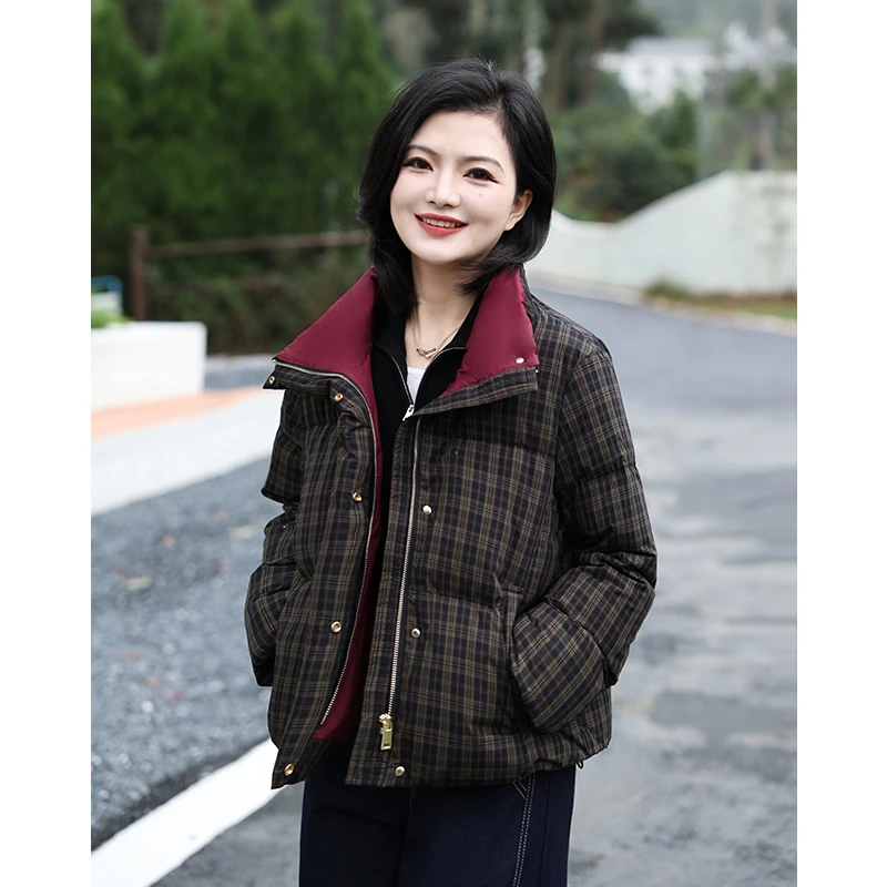 枫竺阿楠anan 温暖格调 90白鹅绒格子立领长袖羽绒服女保暖外套冬