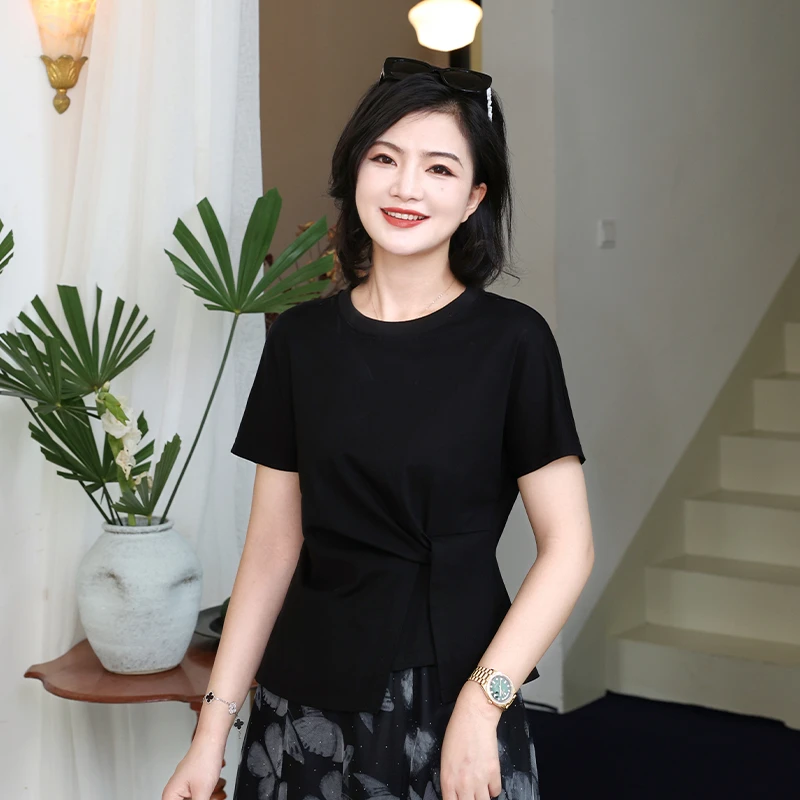 枫竺阿楠anan 慵懒时光 设计纯色拼接不规则舒适圆领短袖上衣女夏