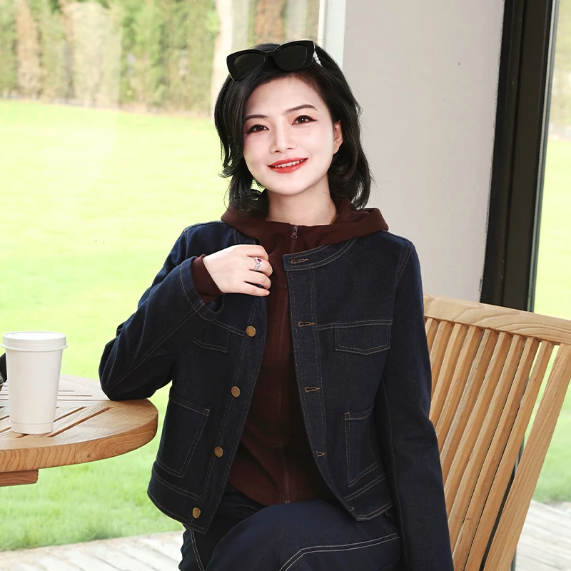 枫竺阿楠anan 时光旅人 休闲百搭圆领牛仔外套短款复古夹克女秋季