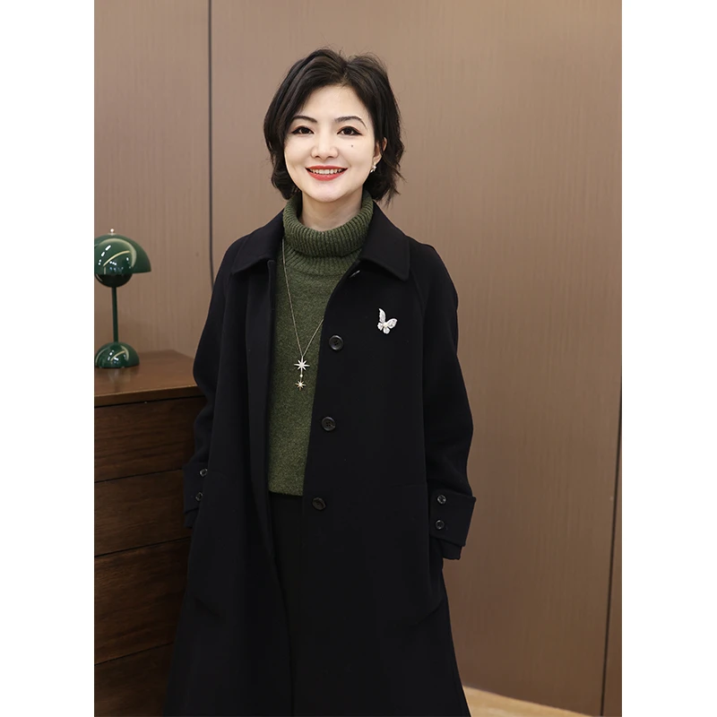 枫竺高端女装阿楠anan山羊绒绵羊毛气质中长款双面呢斗篷大衣秋冬