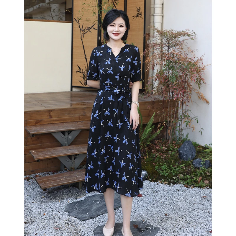 枫竺阿楠anan 玉兰花开 夏季新款V领收腰修身气质蓝色印花连衣裙