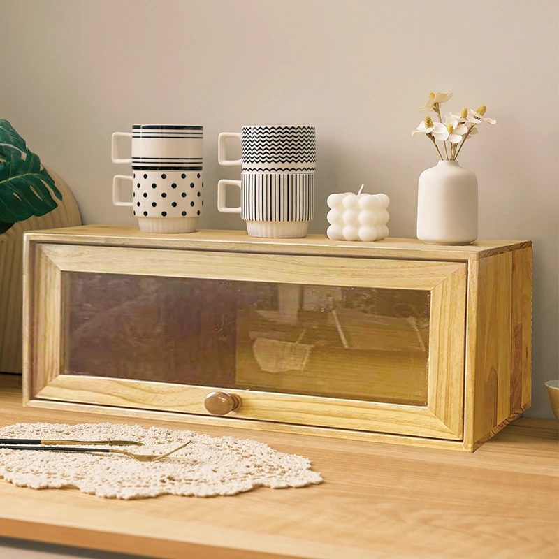 中式复古实木收纳柜桌面收纳盒飘窗卧室储物柜阳台透明置物柜子