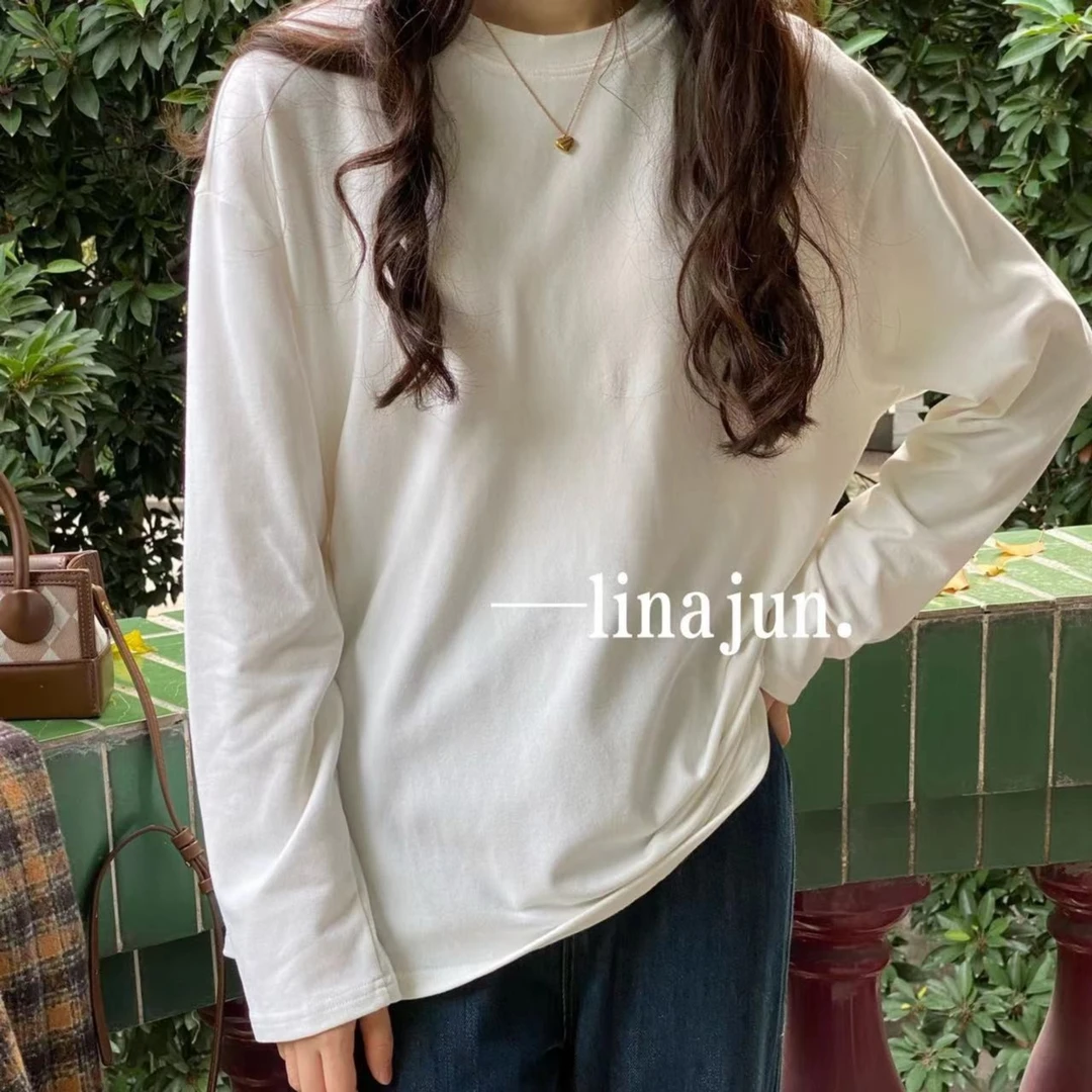 阿俊自留推荐百搭宽松韩版圆领套头纯色长袖T恤打底