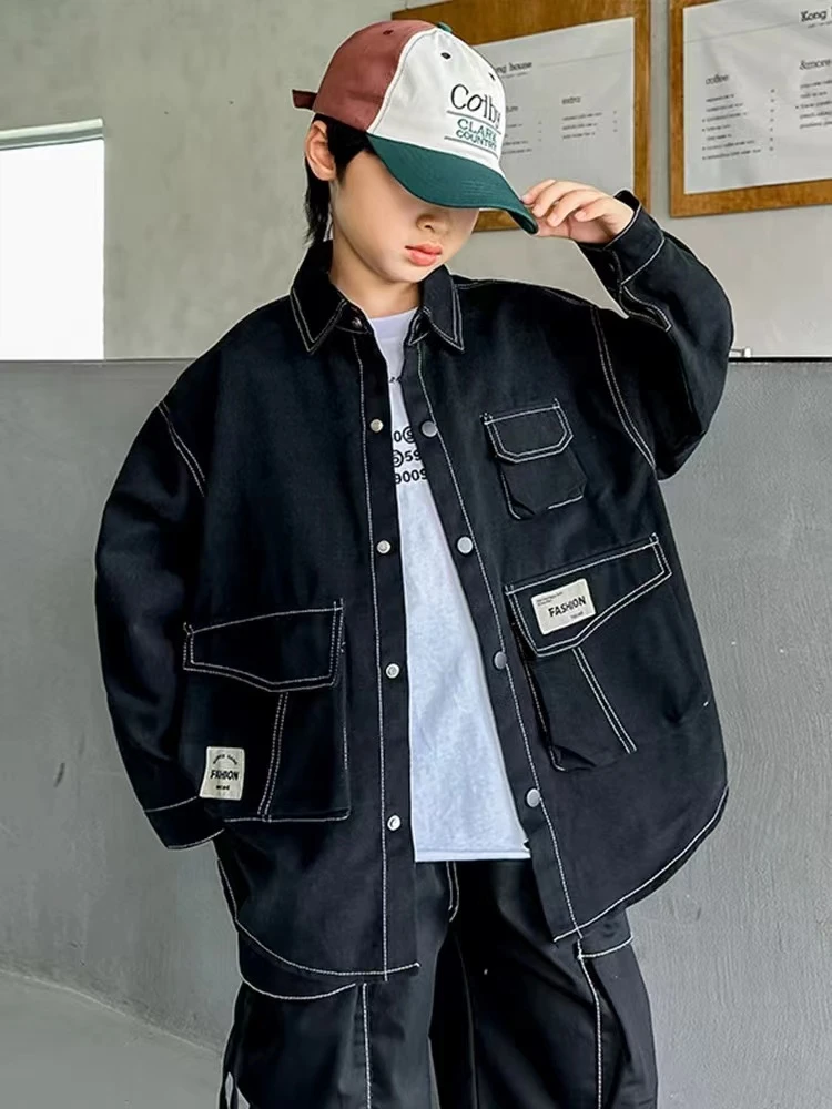 【石祖】2025新款青少年155-175高春季潮牌黑色长袖衬衫外套童装潮