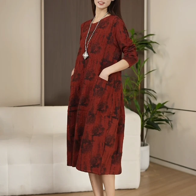 7465早秋新款长袖减龄妈妈气质洋气连衣裙