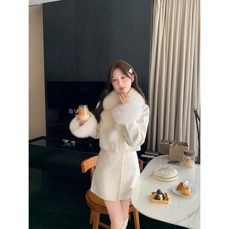 格雷少女2024新款毛领千金时尚高级感双面呢套装女半身裙秋冬季款