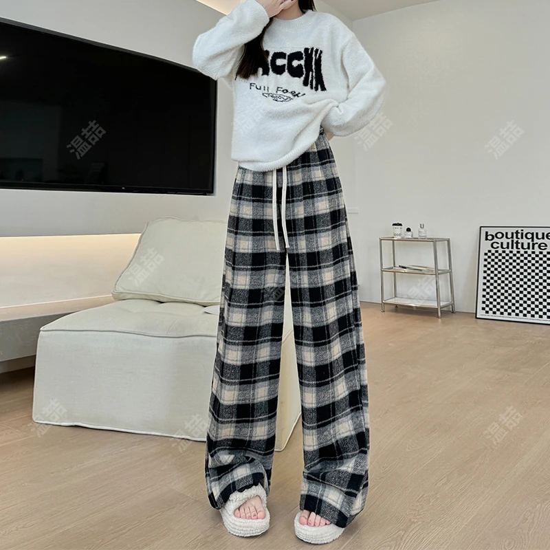 温喆毛呢格子裤女秋冬季2024新款高腰复古垂感休闲直筒宽松阔腿裤