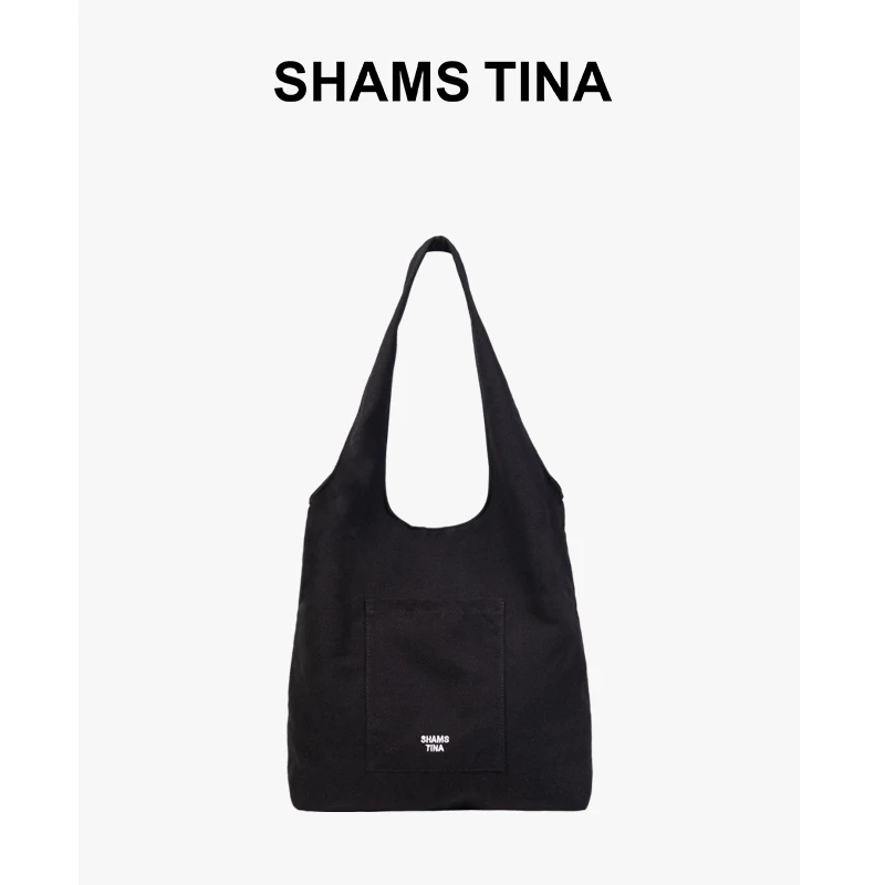 ShamsTina春季帆布托特包简约文艺休闲轻便通勤包包黑色