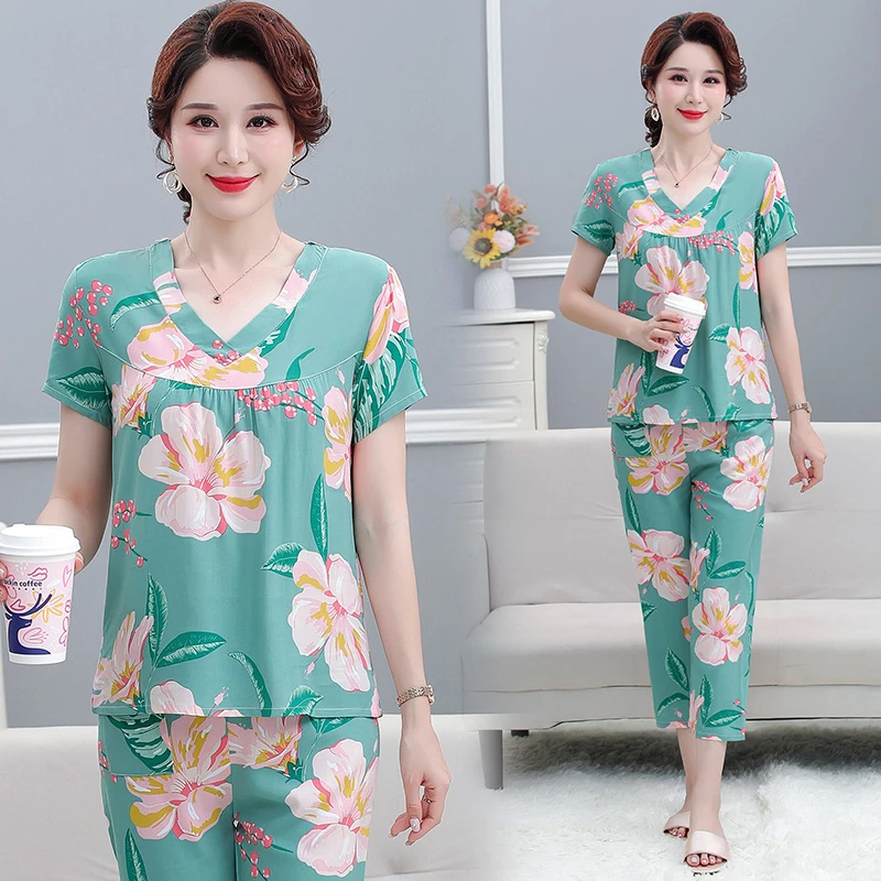 可外穿棉绸睡衣女乘凉夏季中老年人造棉居家两件套装妈妈短袖休闲