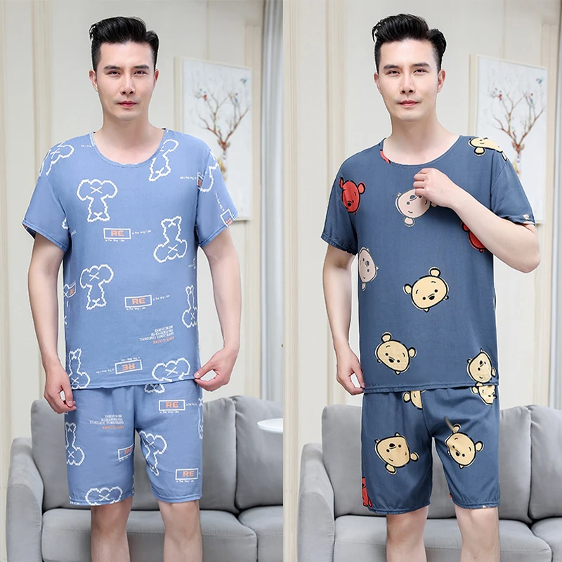男士棉绸睡衣夏季薄款短袖短裤家居服两件套大码中青年人造棉套装