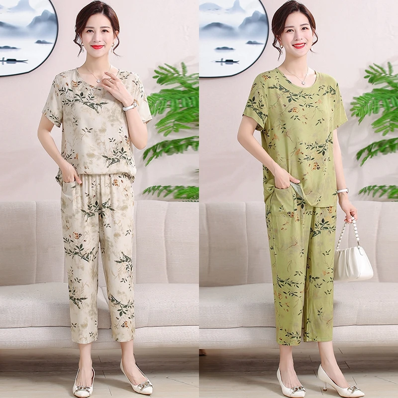 妈妈夏装清爽棉绸套装女宽松短袖花色休闲薄款人造棉家居服两件套