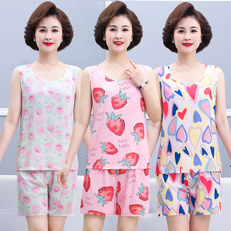 女款无袖棉绸睡衣女士夏背心短裤人造棉中青年可爱家居服两件套装