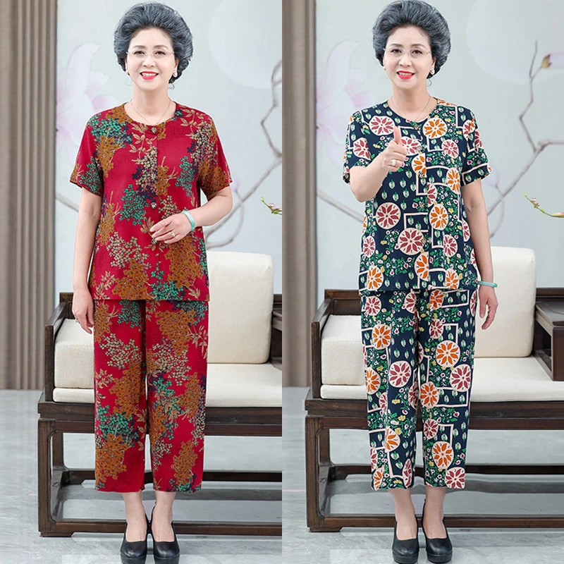 中老年人夏装女70岁80妈妈棉绸套装奶奶装短袖阔太太衬衫老人衣服
