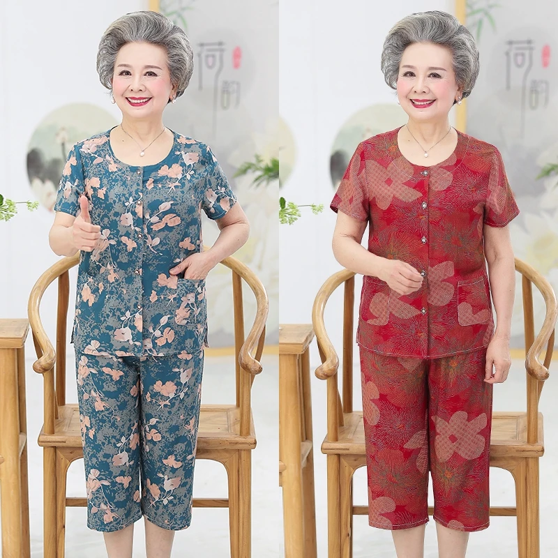 棉绸中老年人夏装女妈妈短袖t恤60-70岁80奶奶服套装老人衣服太太