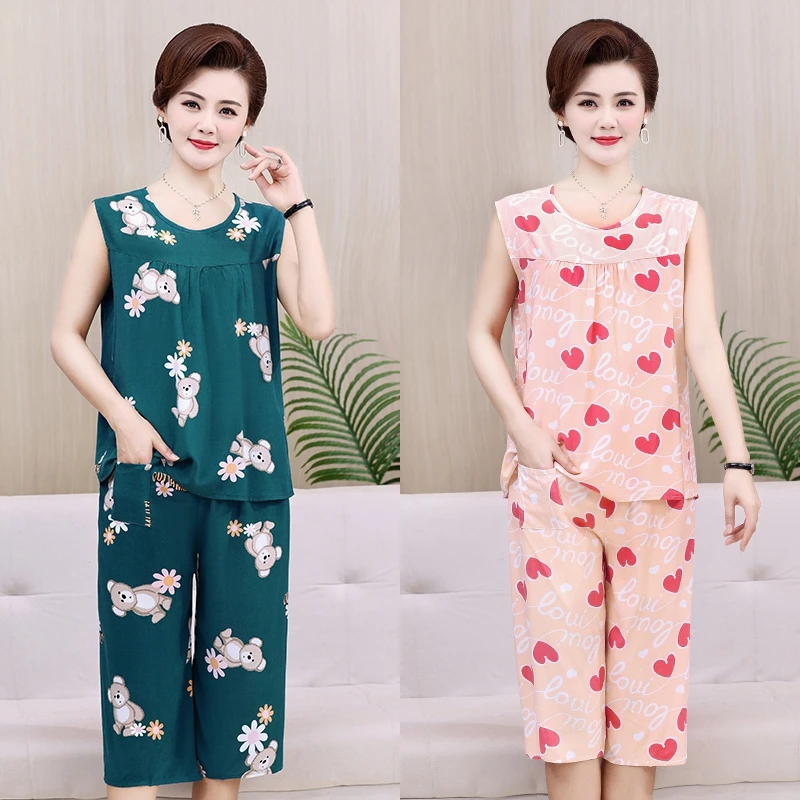 无袖背心套装女棉绸睡衣两件套夏季薄款妈妈夏天的家居服中老年人