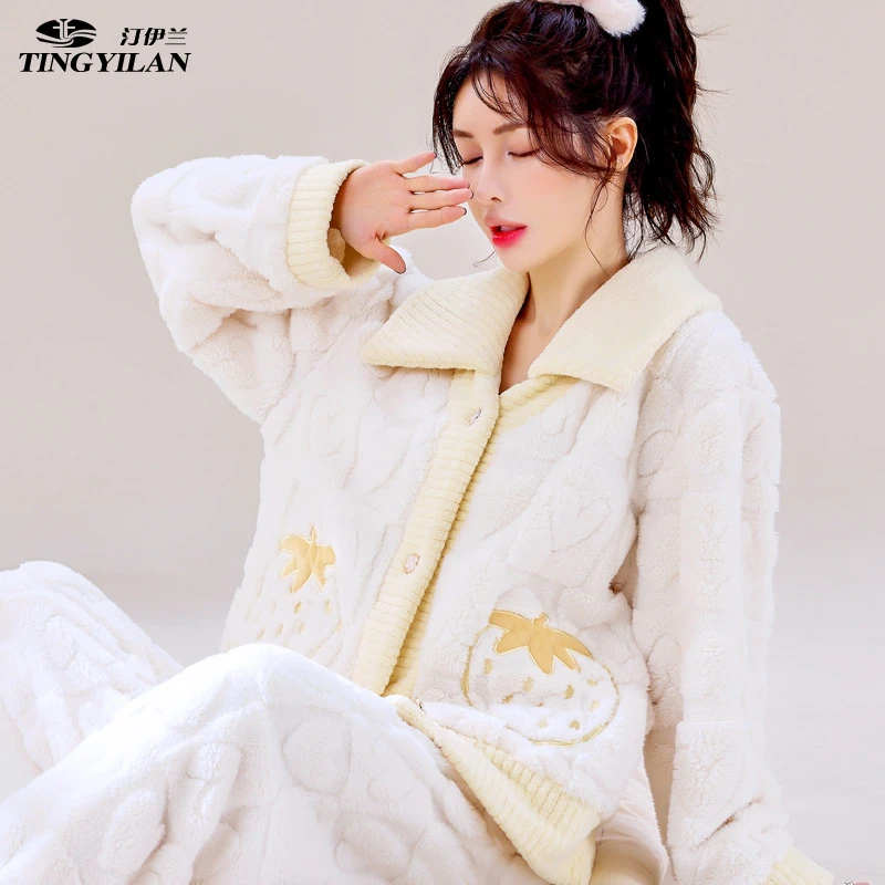 冬款睡衣女网红爆款开襟家居服加厚加绒冬季外出新款套装秋冬