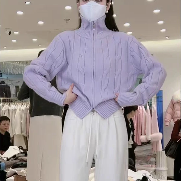 韩系复古绞花立领毛衣外套女秋冬新款减龄别致针织开衫高级感上衣