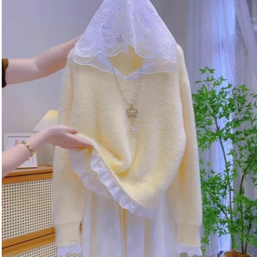 韩系软糯蕾丝花边连帽针织衫女秋冬新款加厚仿水貂绒内搭洋气上衣