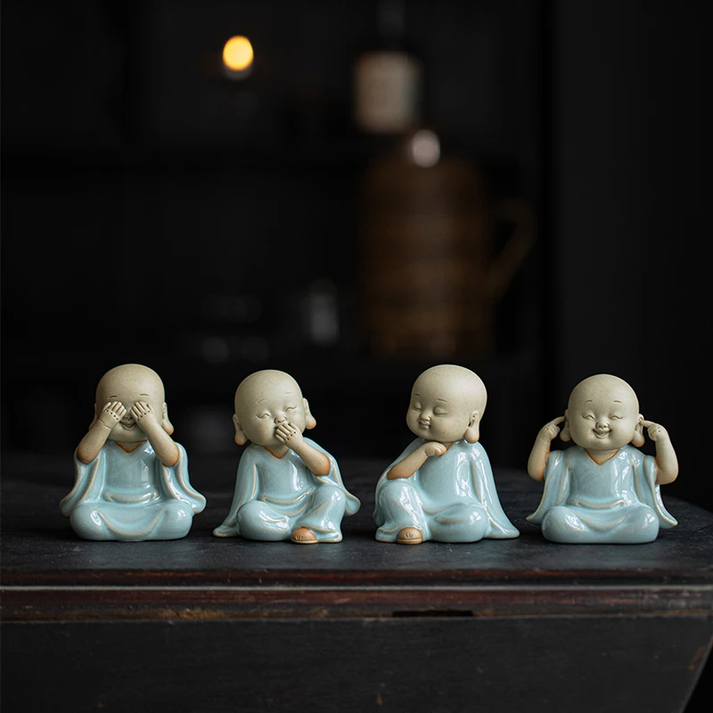 久造汝窑四不小和尚茶宠摆件精品个性可养茶室茶桌面装饰茶道配件