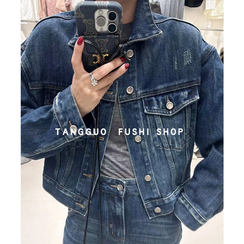 复古『港岛牛仔』无弹短款落肩打磨翻领夹克外套牛仔上衣女款