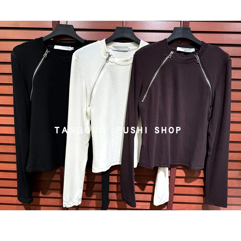 『双拉链』小个子长袖打底显瘦圆领T恤短款舒适休闲百搭