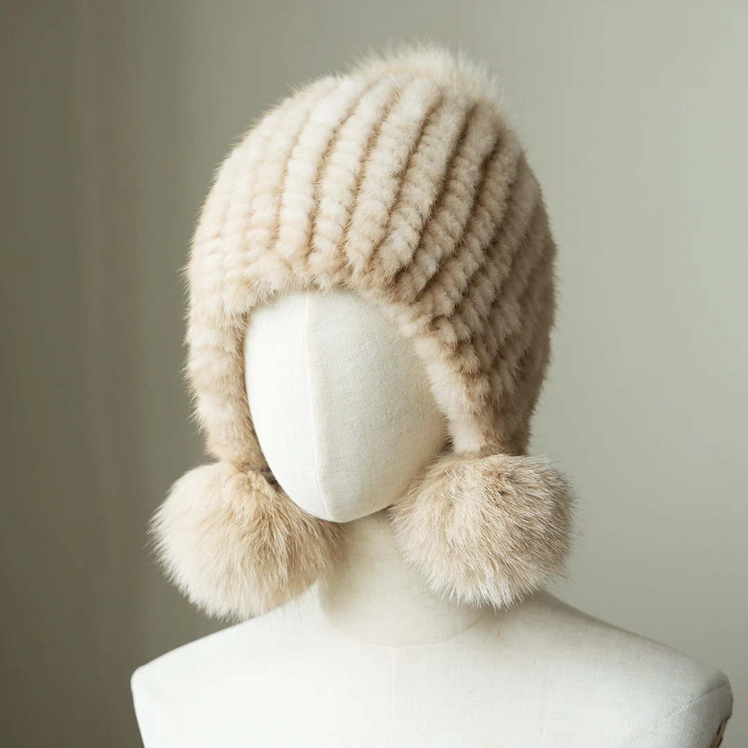 序缇新款秋冬保暖套头狐狸毛球编织水貂帽H175-3698