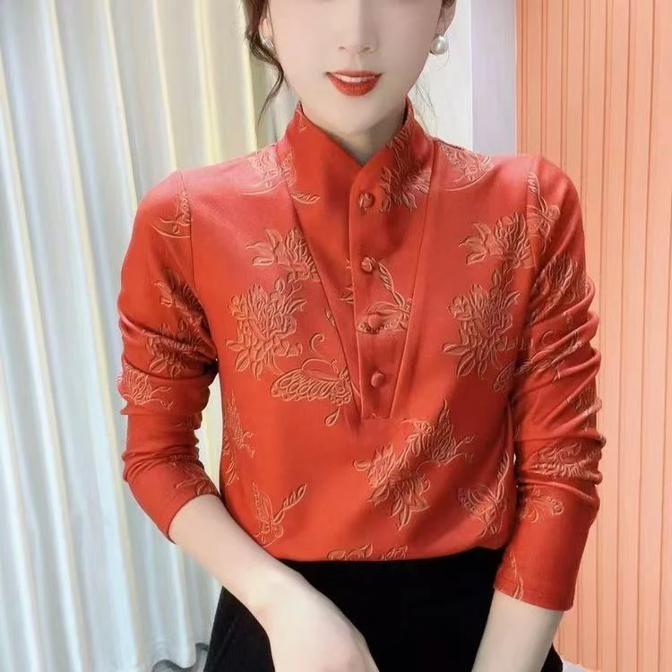 2024冬季新款中领印花气质百搭时尚长袖减龄加绒打底衫上衣74056